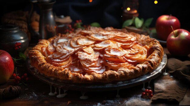 Süßer Apfelkuchen mit Weißzucker auf einem Holzplattchen und verschwommenem Hintergrund