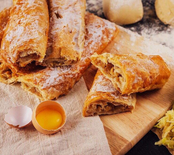 Süßer Apfelstrudel mit Draufsicht der Äpfel