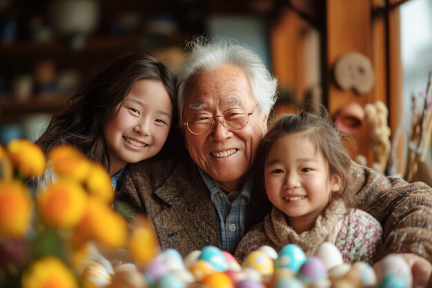 Süßer asiatischer Großvater mit seinen Enkeln, die Ostereier zu Hause malen, bereiten sich auf Ostern vor