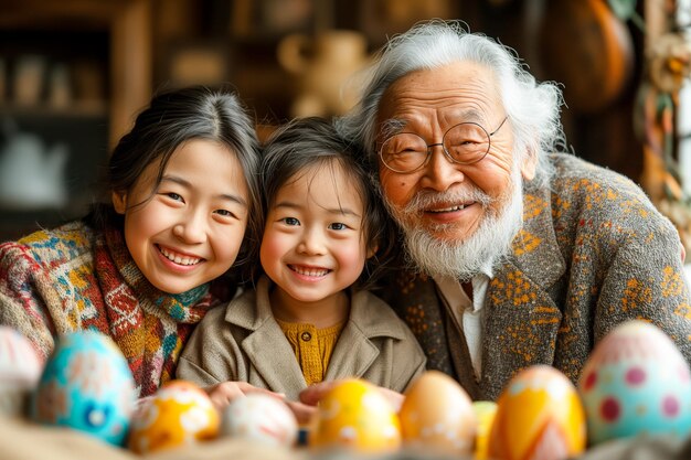 Süßer asiatischer Großvater mit seinen Enkeln, die Ostereier zu Hause malen, bereiten sich auf Ostern vor