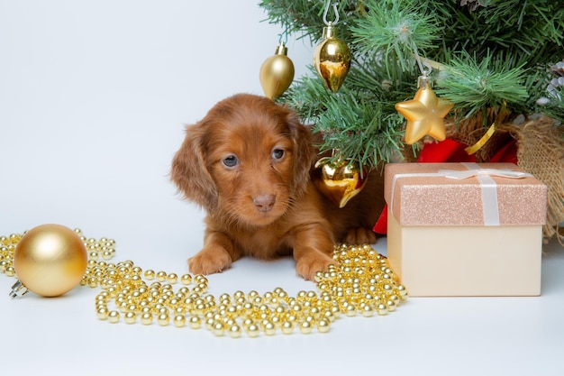 Süßer Baby-Dachshund-Welpe auf einem Neujahrshintergrund in der Nähe des Weihnachtsbaums