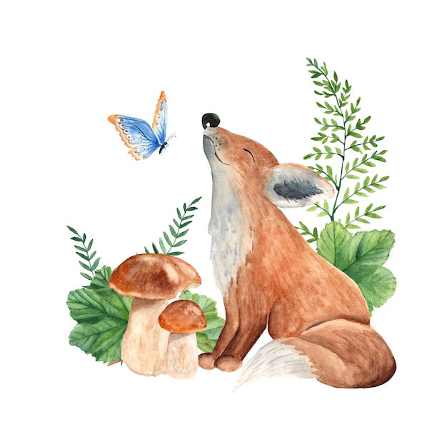 Süßer Babyfuchs mit Schmetterlingspilzen und grünen Blättern Kinderwald-Aquarellillustration