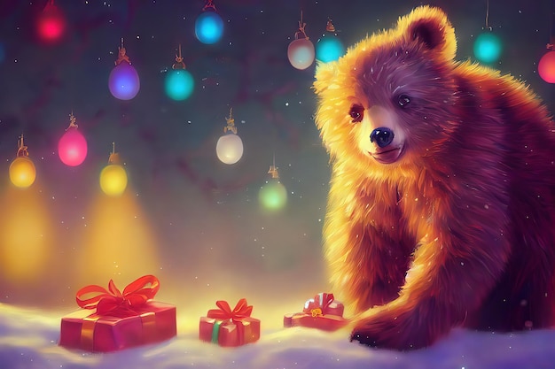 Süßer Bär im Winterwald Entzückender kleiner Bär im Weihnachtsstil Weihnachtsferien Hintergrund digitale Kunst Stil Illustration Malerei