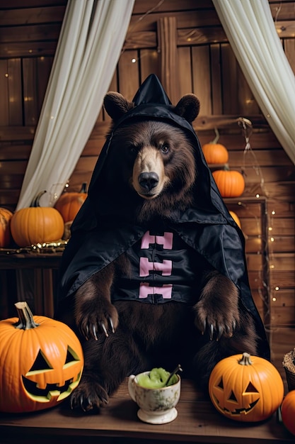 Foto süßer bär mit halloween-kostüm saisonfeiern generative ki