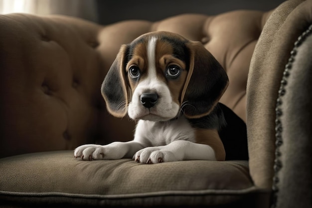 Süßer Beagle-Welpe, der auf einer Couch im Inneren sitzt Entzückendes Haustier