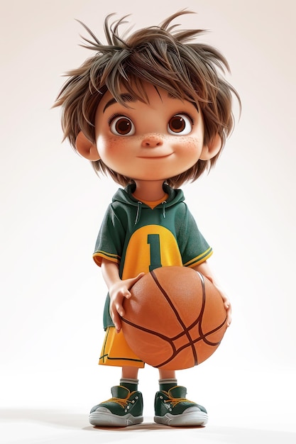 Süßer Cartoon-Athlet-Junge spielt Basketball Extreme Nahaufnahme Generative KI