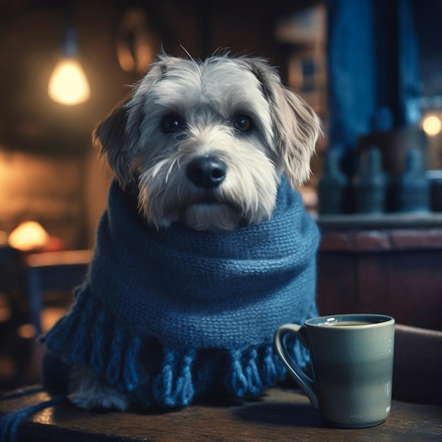 Süßer, charmanter, flauschiger Hund in einem gestrickten blauen Schal