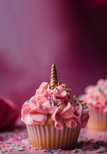 Süßer Cupcake für Kinder mit Kopierbereich Alles Gute zum Geburtstag Dessert Kinderparty Leerer Platz für Text Postkarten-Grußkarten-Design Einhorn-Muffin Generative KI