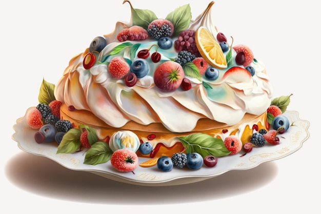 Süßer Dessert-Baiser-Kuchen mit großen Fruchtstücken und Beeren