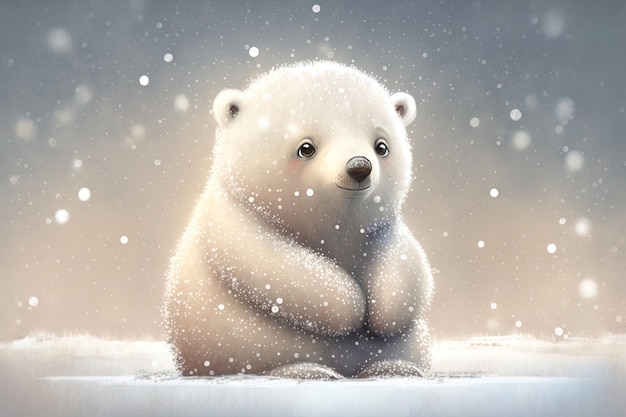 Süßer Eisbär-Baby-Cartoon traumhaft im Schnee Winter Generatives KI-Tier- und Landschaftskonzept