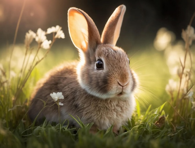 Süßer, flauschiger Hase sitzt im grünen Gras auf dem Rasen Kaninchen in freier Wildbahn