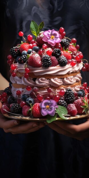 Süßer Fruchtkuchen Nahaufnahme auf dunklem Hintergrund Himbeeren Erdbeeren Generative KI