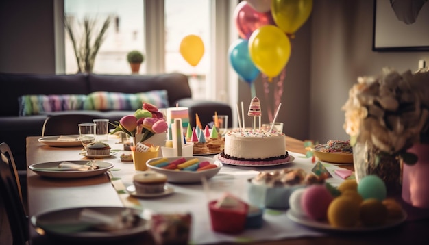 Süßer Geburtstagskuchen auf elegant dekoriertem Tisch, generiert von AI