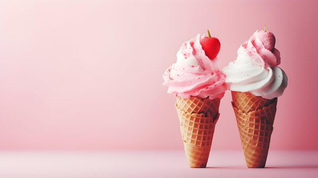 Süßer Genuss, Nahaufnahme von Erdbeer-Eistüten auf rosa Hintergrund