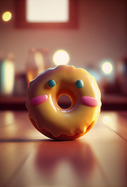 Süßer glasierter Donut mit lächelndem Gesicht auf der Tischoberfläche