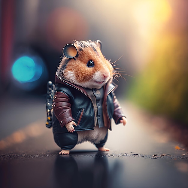 süßer Hamster, der eine Lederjacke trägt.