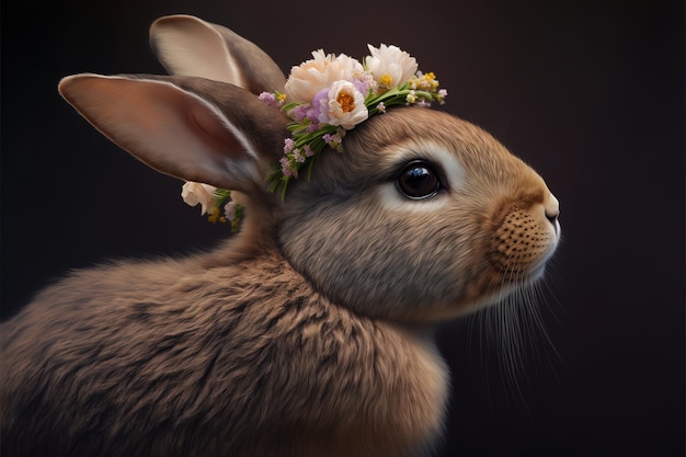 süßer Hase mit Blumenkrone, Nahaufnahme, generative KI