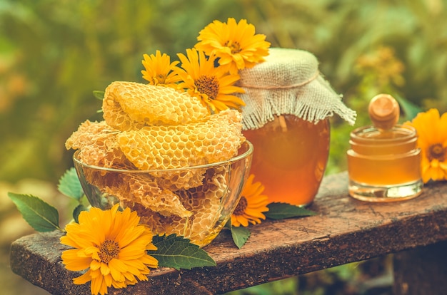 Süßer Honig, Kammstücke und Honigschöpflöffel. Honig tropft von Honigschöpflöffel und Frühlingsblumen. Ukrainisches Landleben