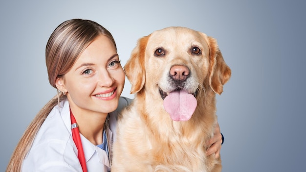 Süßer Hund beim Tierarzt mit einem glücklichen Arzt