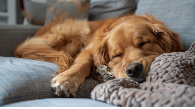 süßer Hund, der auf dem Sofa schläft, goldener Retriever, Schlafzeit, gemütliche häusliche Atmosphäre