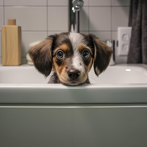 Süßer Hund im Badezimmer