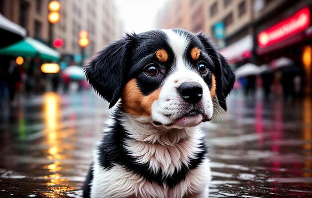 Süßer Hund im Regen im Stadtzentrum Generative KI