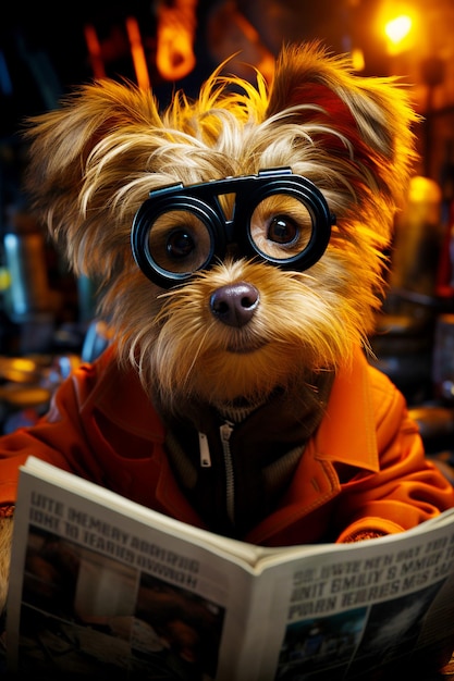 Süßer Hund mit Brille, der Zeitung liest