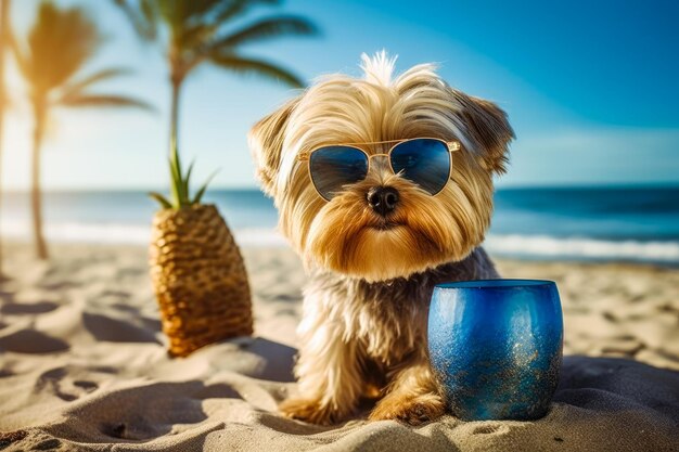 Süßer Hund mit Cocktail entspannt sich am Sandstrand in der Nähe des Meeres Sommerurlaub mit Haustier Generative KI