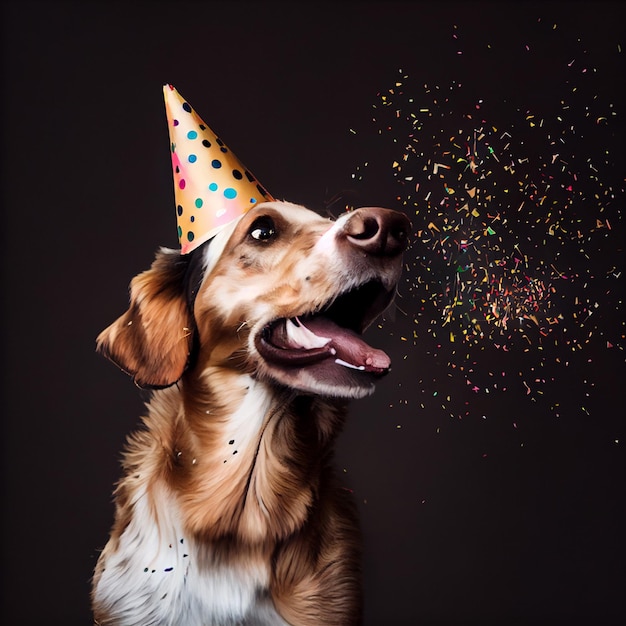 Süßer Hund mit einem Partyhut, der ihren Geburtstag feiert Konfetti fällt Generate Ai