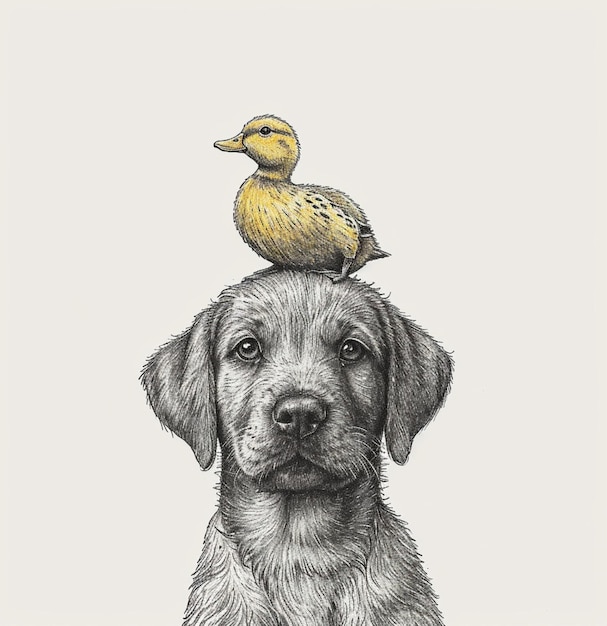 Foto süßer hund mit einer ente auf dem kopf, von hand gemalt im stil minimalistischer linienzeichnungen