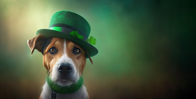 Süßer Hund mit grünem St Patrick's Day Hat auf einem verschwommenen farbigen Hintergrund Generative KI