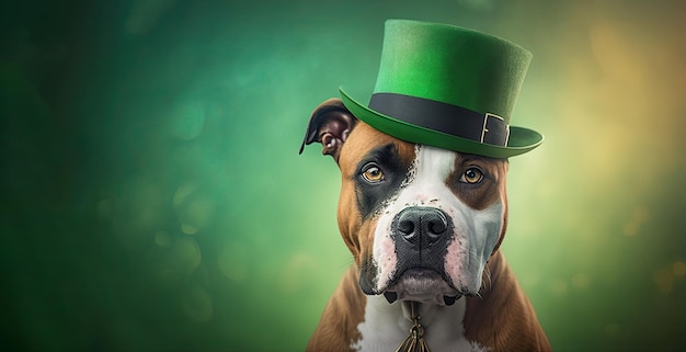 Süßer Hund mit grünem St Patrick's Day Hat auf einem verschwommenen farbigen Hintergrund Generative KI