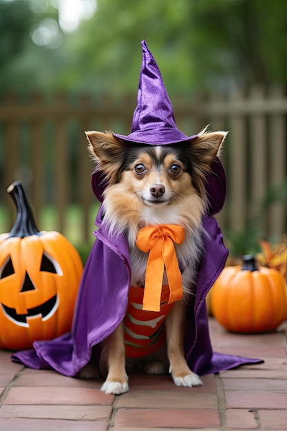 Foto süßer hund mit halloween-kostüm saisonfeiern generative ki