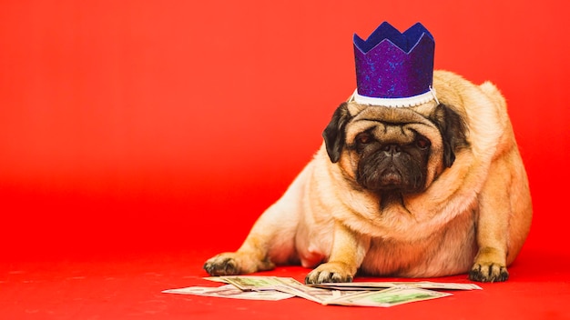 Süßer Hund mit Krone auf dem Kopf sitzend mit Dollarnoten Business-Mops mit blauer Krone und Geld auf rotem Hintergrund