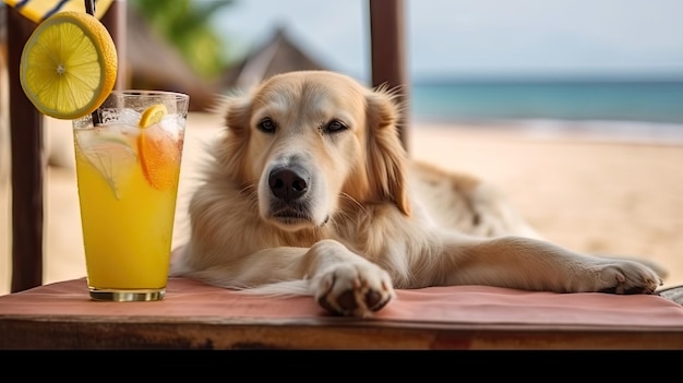 Süßer Hund mit Sommercocktail Illustration AI GenerativexA