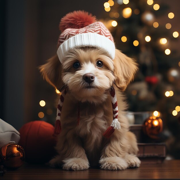 süßer Hund mit Weihnachtsmütze als Hintergrundbild im Weihnachtsporträt