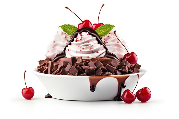 Süßer Joghurt und Schokoladenerdbeere mit Kirschbeere auf weißem Hintergrund