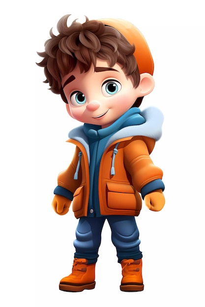 Süßer Junge in Winterkleidung, glückliche Zeichentrickfigur