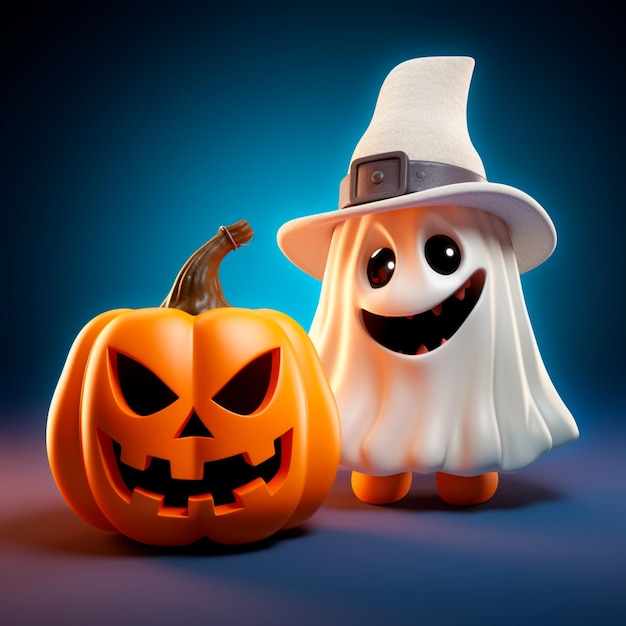 süßer kleiner Geist mit Kürbis für Halloween in 3D-Rendering