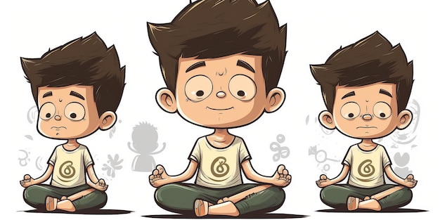 Süßer lächelnder Junge in Lotus-Pose, der Yoga-Front-Pose-Cartoon-Stil praktiziert