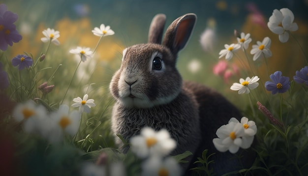 Süßer Osterhase in einem Blumenfeld Generative KI