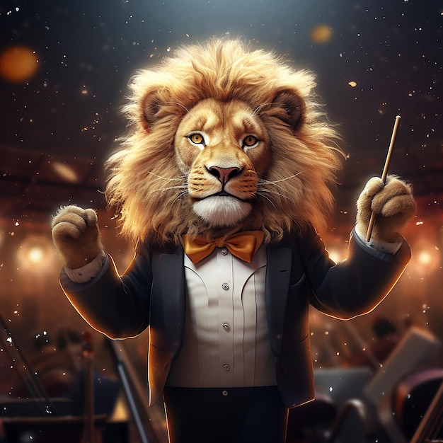 süßer realistischer Löwe als Dirigent eines Symphonieorchesters im Hintergrund