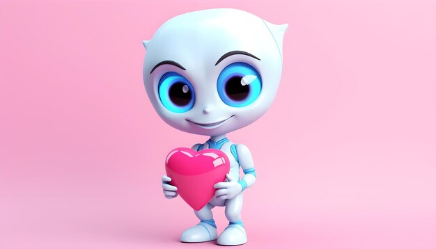 Süßer Roboter im Cartoon-Stil, der ein Herz auf rosa Hintergrund hält