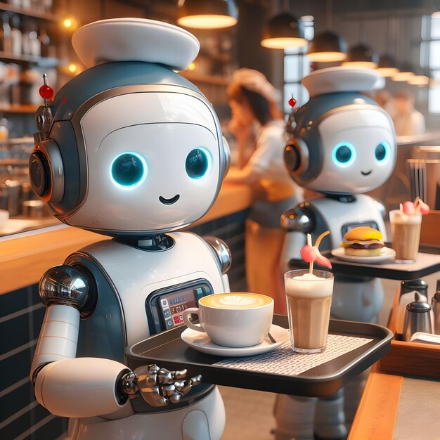 Süßer Roboter-Kellner im Restaurant 8k realistisch