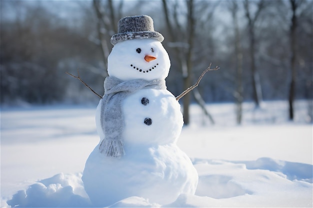 süßer Schneemann auf verschneitem Feld