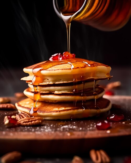 Süßer selbst gemachter Stapel Pfannkuchen mit Butter und Sirup zum Frühstück