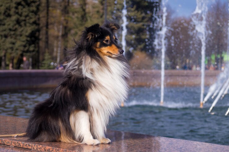 süßer Sheltie in der Nähe des Brunnens