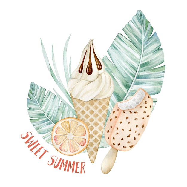 Süßer Sommer der Aquarellillustrationskarte mit Palmblatt-Eisorange lokalisiert auf Weiß