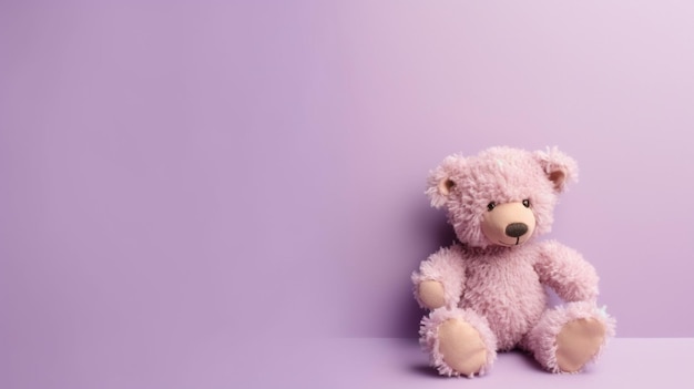 Süßer Teddybär auf hellviolettem Hintergrund Draufsicht Platz für Text
