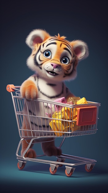 Süßer Tiger mit Einkaufswagen